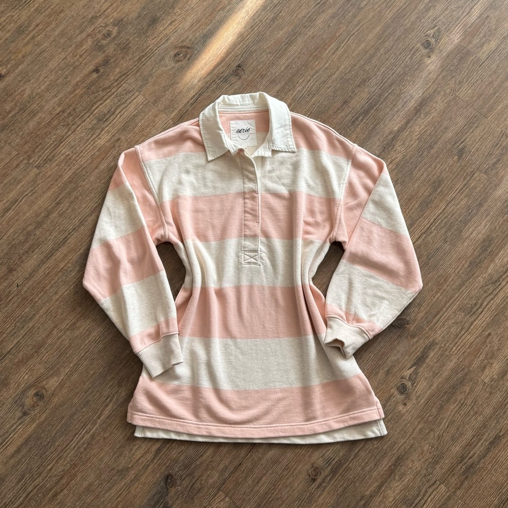 Aerie Striped Pink and Cream Long Sleeve Polo Shirt